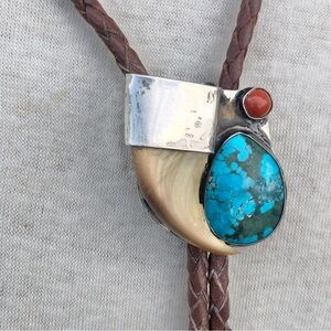 Vintage Native American Sterling Bennett Turquoise Carnelian Talon Claw Bolo